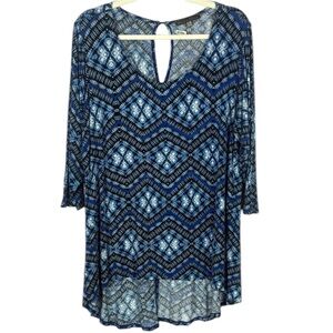 Rose & Olive Blue Graphic Asymmetrical 3/4 Sleeve Tunic Size 3X